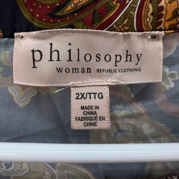 Philosophy Woman 2X Paisley Henley Blouse 3/4 Roll Tab Sleeve Boho Classic Fall - Picture 3 of 10